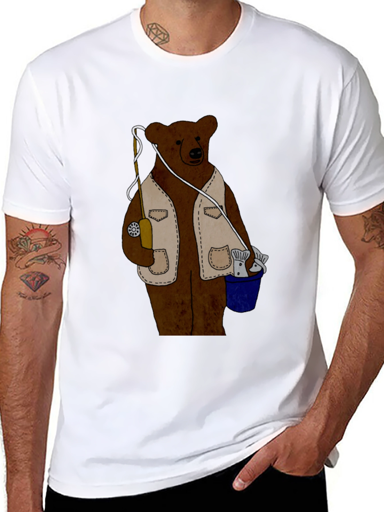 Fishing Bear Graphic T-Shirt - Casual Black Tee