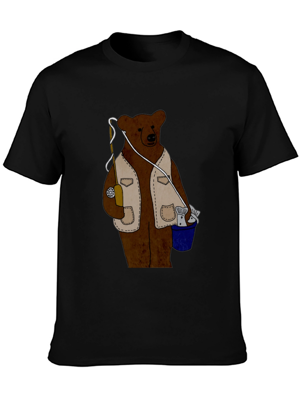 Fishing Bear Graphic T-Shirt - Casual Black Tee