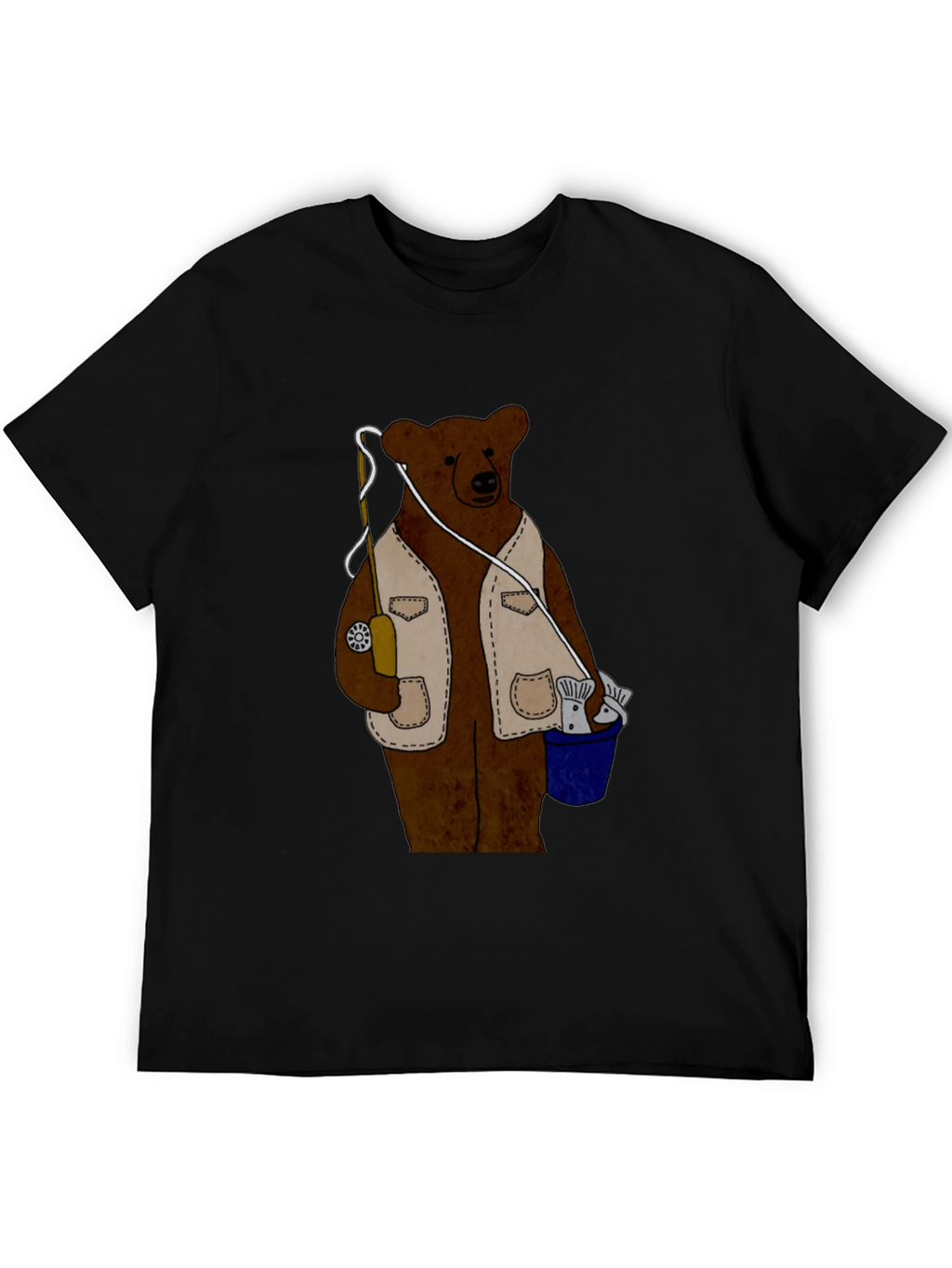 Fishing Bear Graphic T-Shirt - Casual Black Tee
