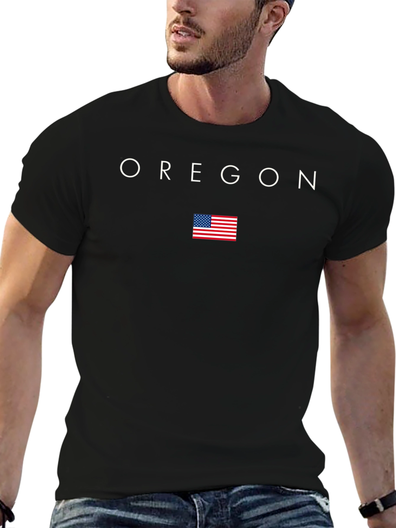 Oregon Pride Tee - Black Cotton T-Shirt with US Flag