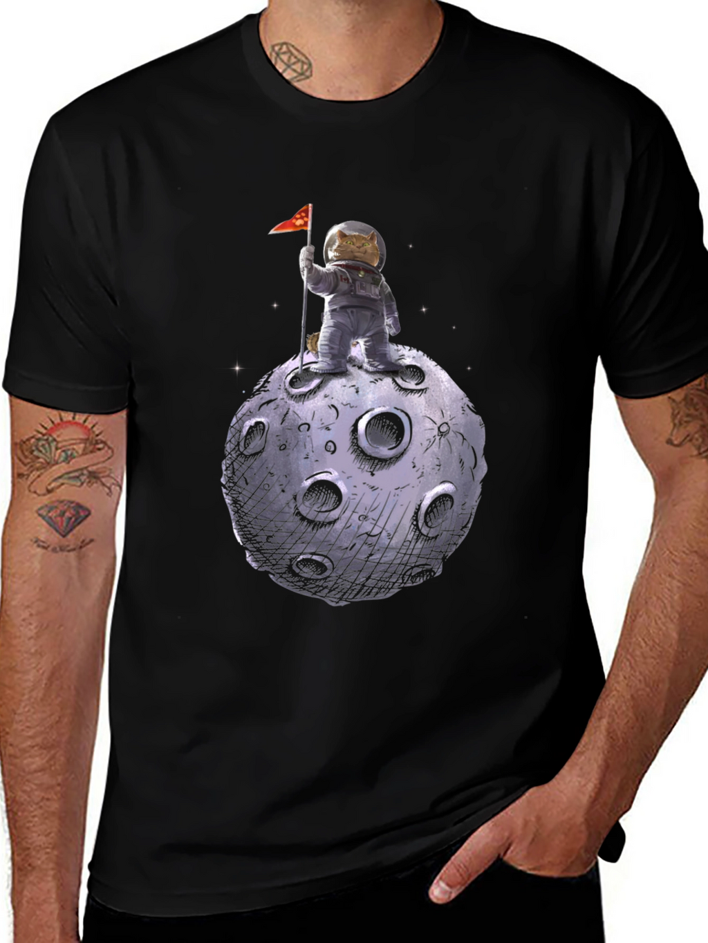Cat Astronaut on Moon T-Shirt - Black