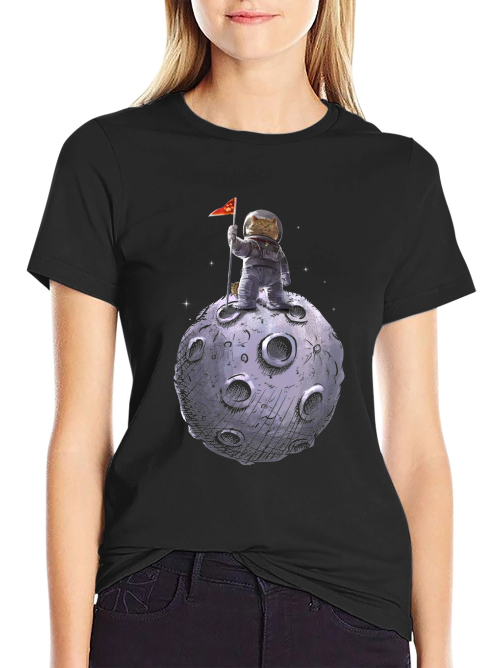 Cat Astronaut on Moon T-Shirt - Black