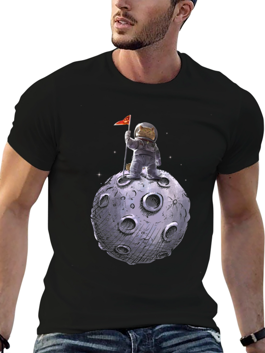 Cat Astronaut on Moon T-Shirt - Black