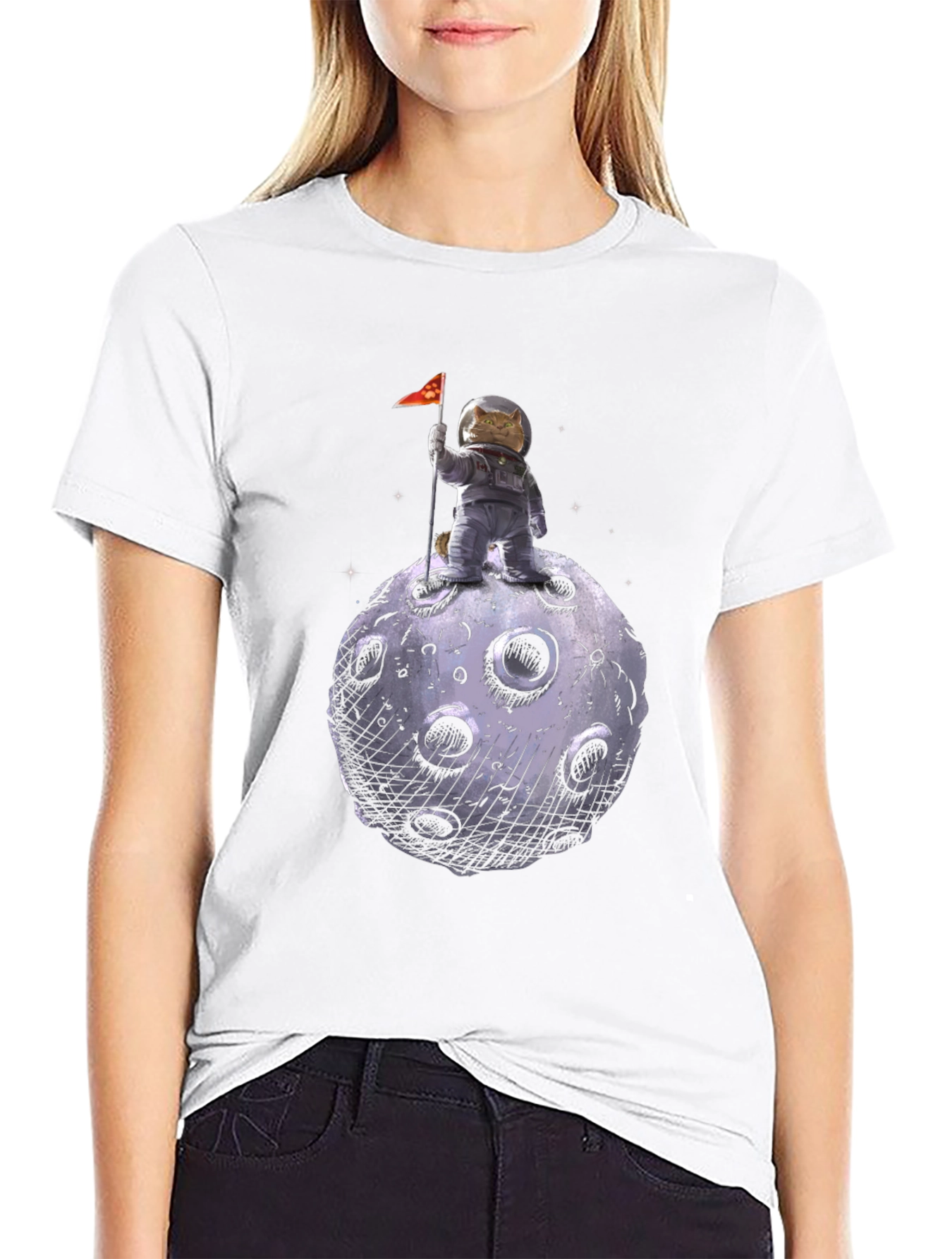 Cat Astronaut on Moon T-Shirt - Black
