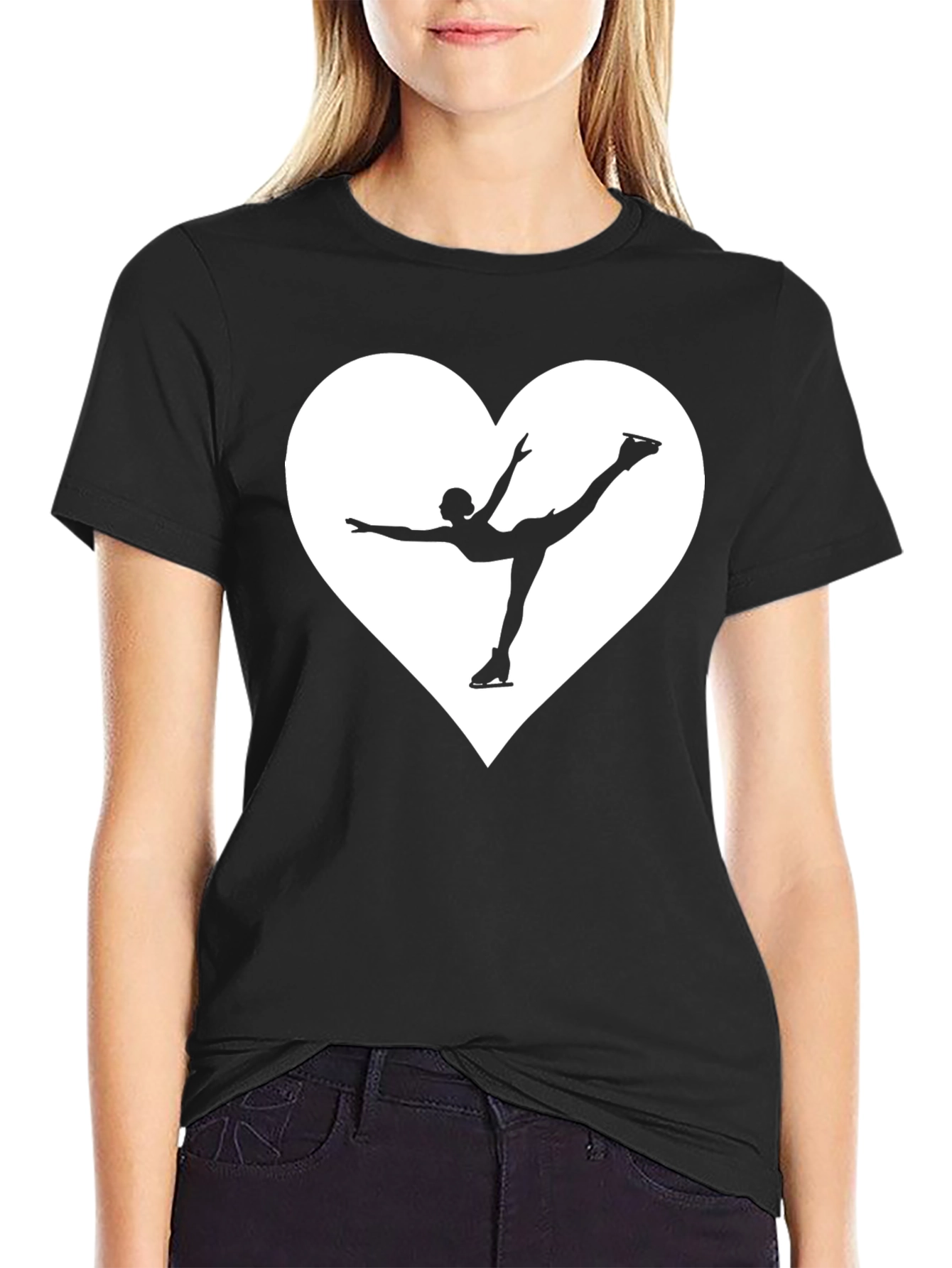 Figure Skating Heart Graphic Tee - Black Cotton T-Shirt