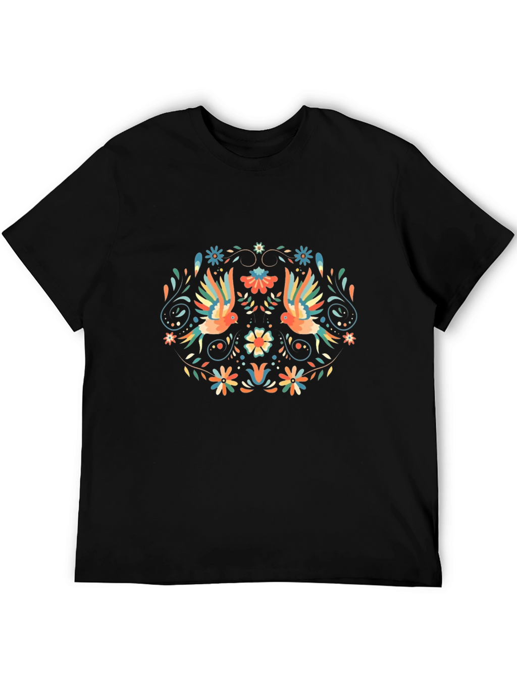 Floral Bird Print Black T-Shirt