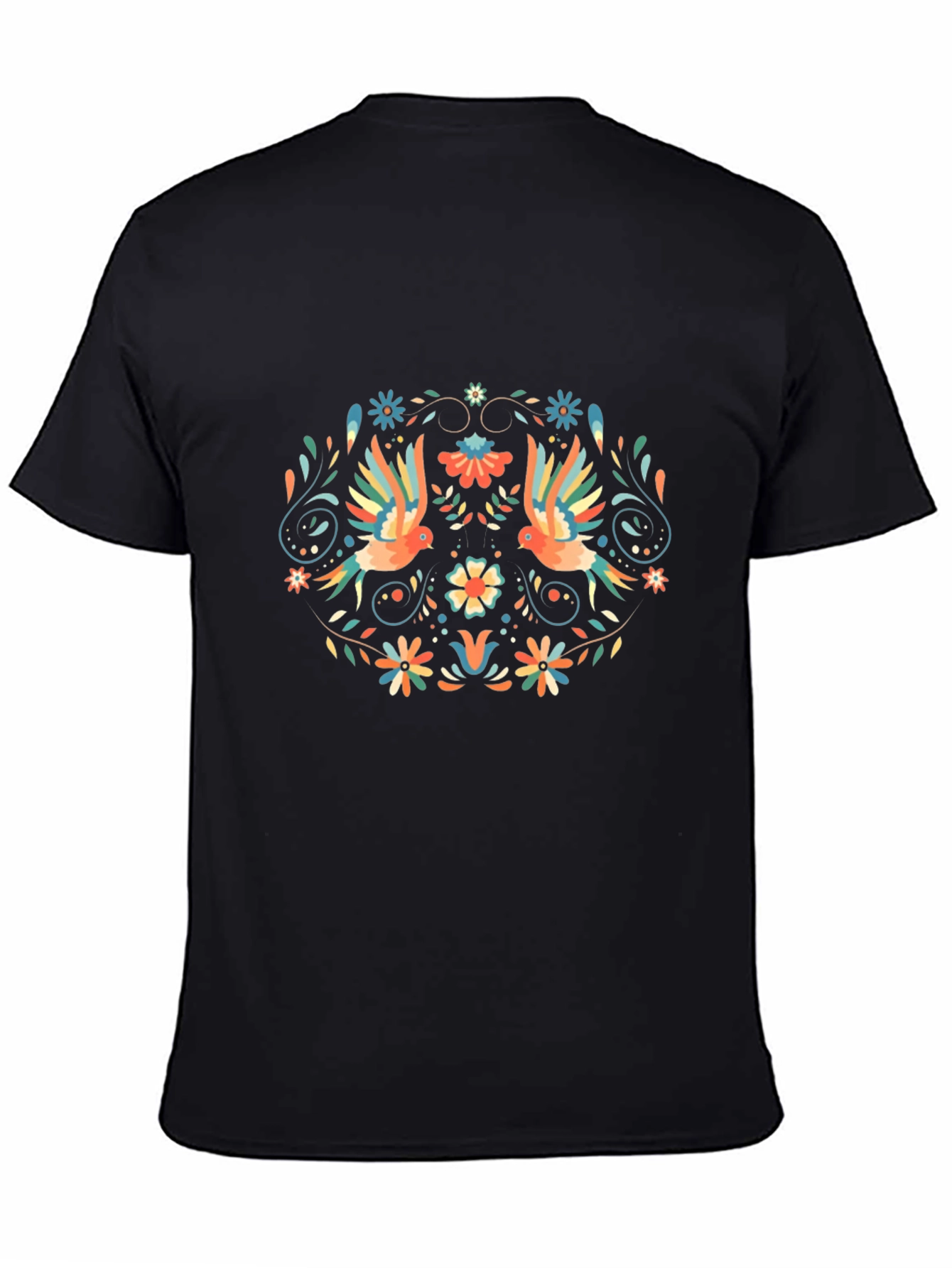 Floral Bird Print Black T-Shirt