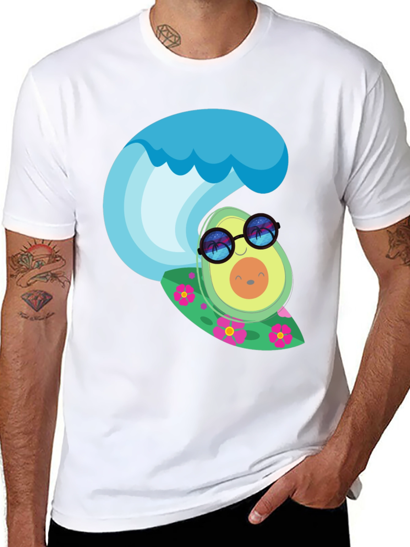 Surfing Avocado Graphic Tee - Black Cotton T-Shirt