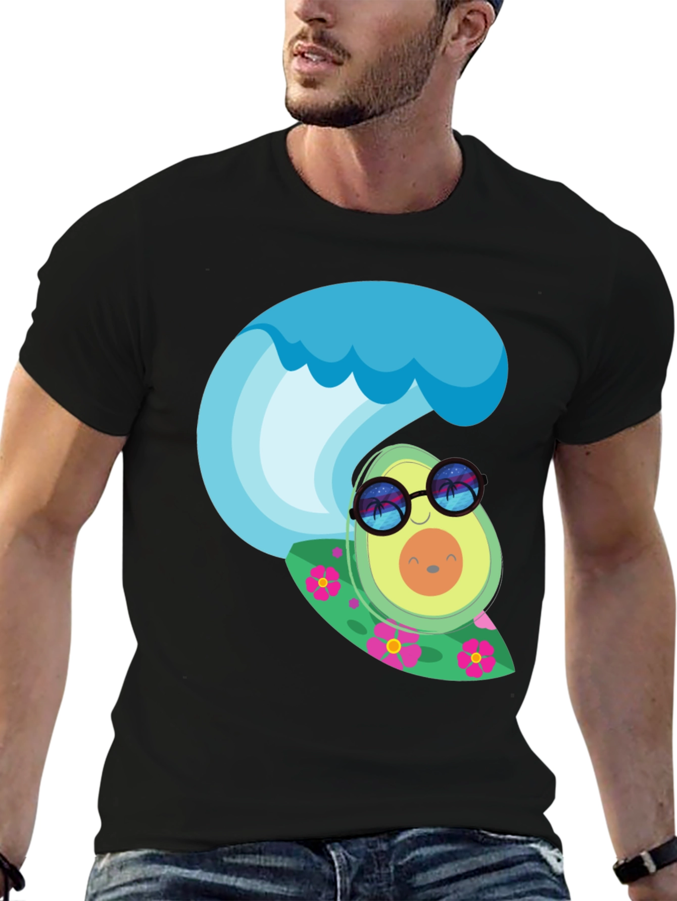 Surfing Avocado Graphic Tee - Black Cotton T-Shirt