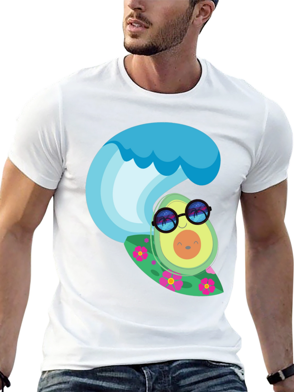 Surfing Avocado Graphic Tee - Black Cotton T-Shirt