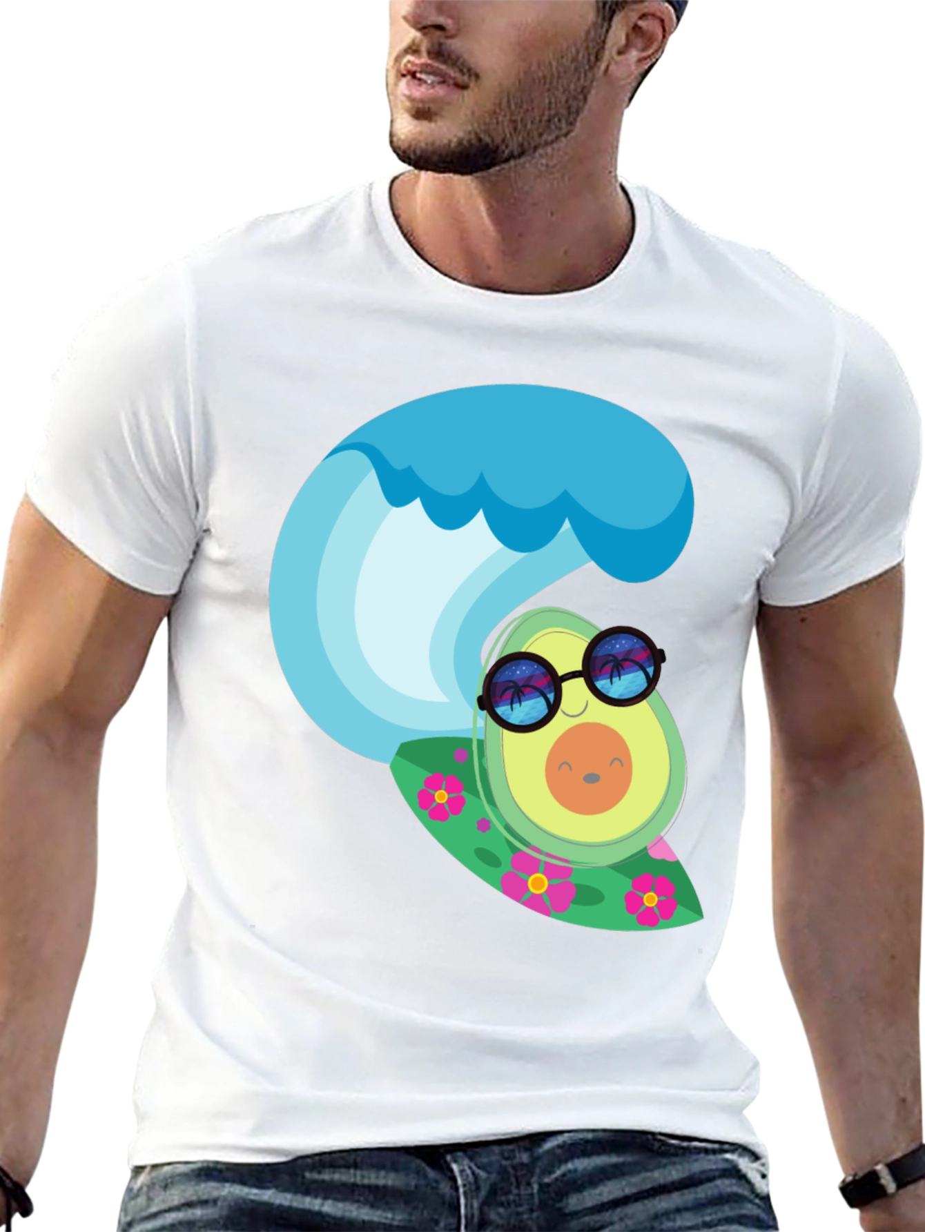 Surfing Avocado Graphic Tee - Black Cotton T-Shirt