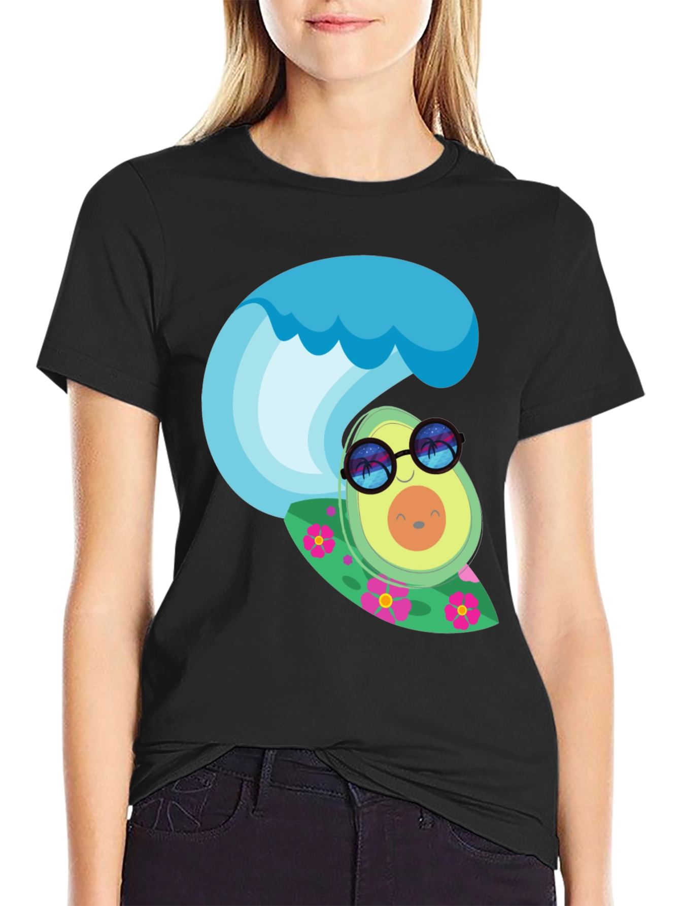 Surfing Avocado Graphic Tee - Black Cotton T-Shirt