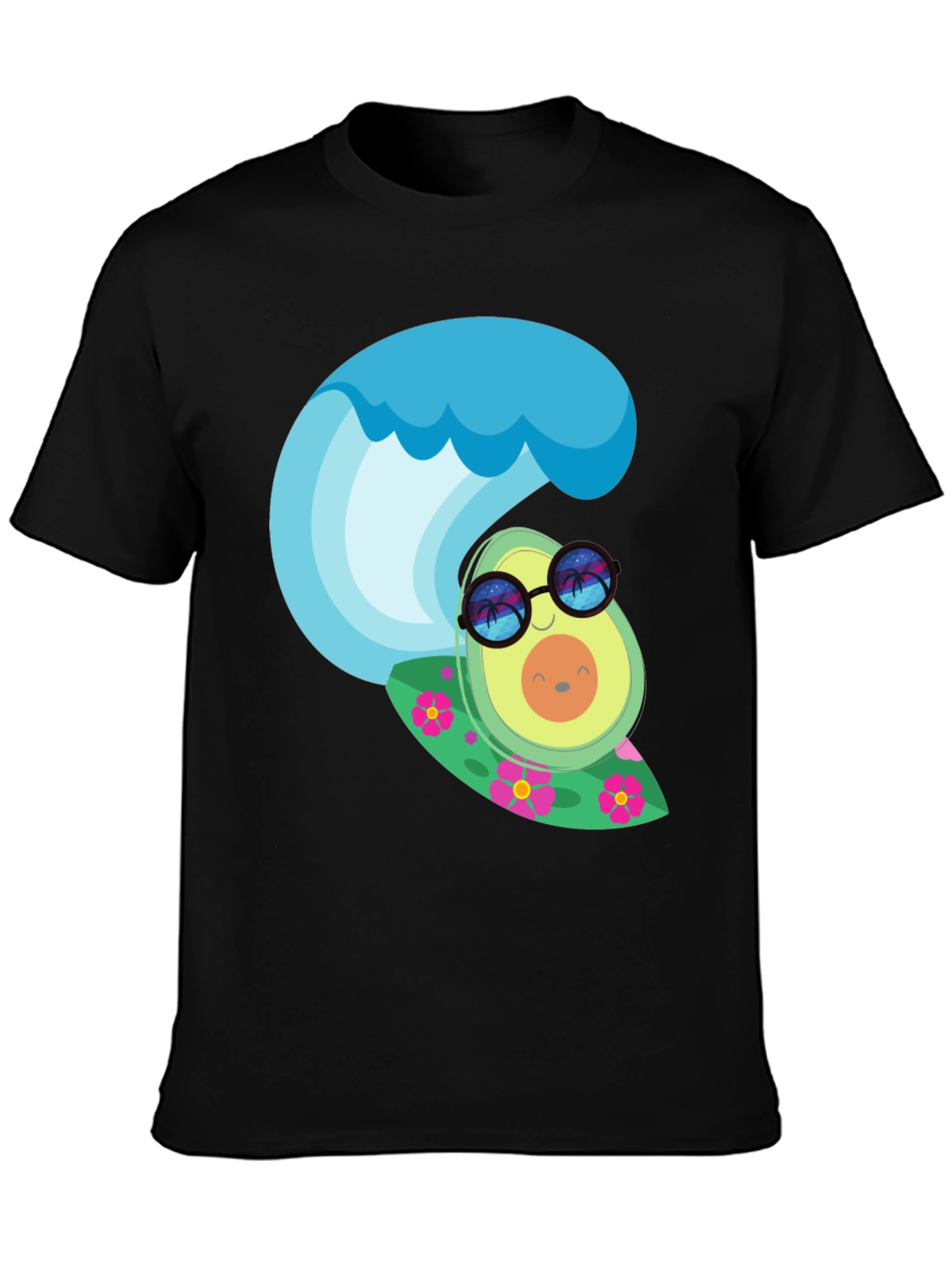 Surfing Avocado Graphic Tee - Black Cotton T-Shirt