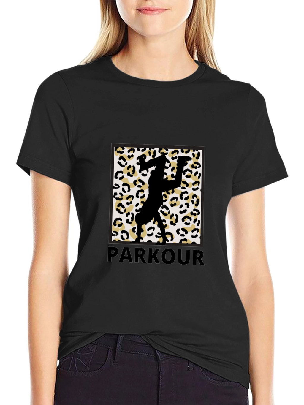 Parkour Leopard Print Graphic Tee - Black Cotton Blend