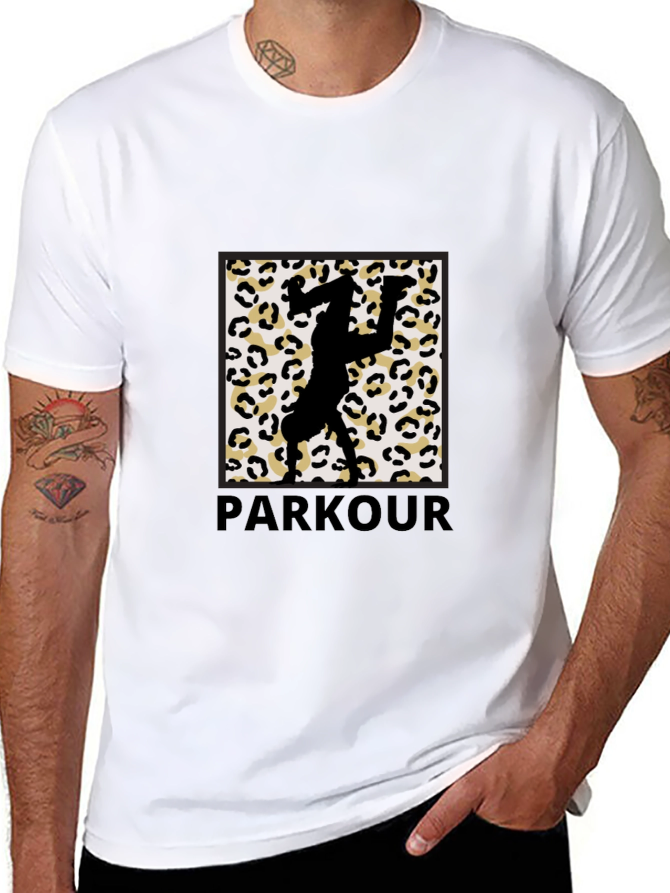 Parkour Leopard Print Graphic Tee - Black Cotton Blend