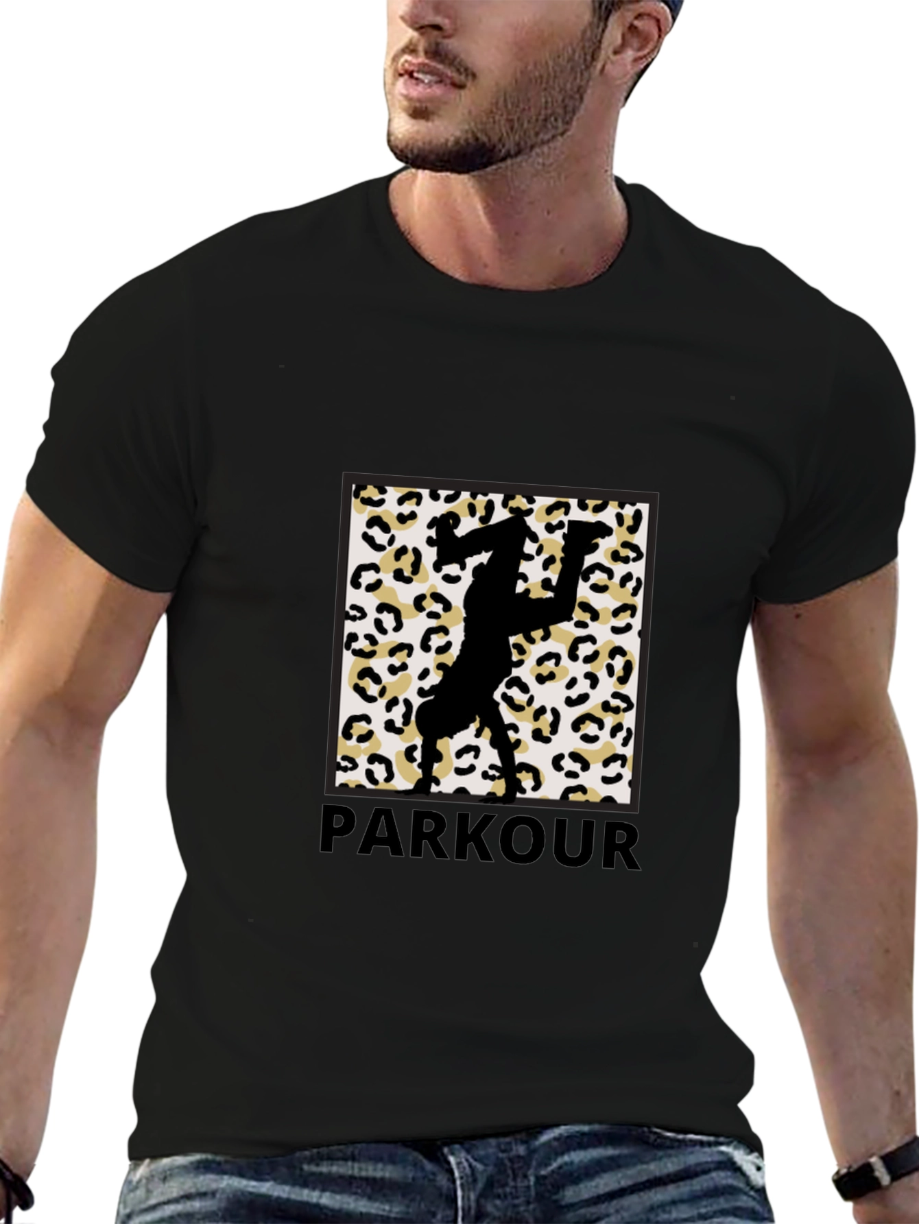 Parkour Leopard Print Graphic Tee - Black Cotton Blend