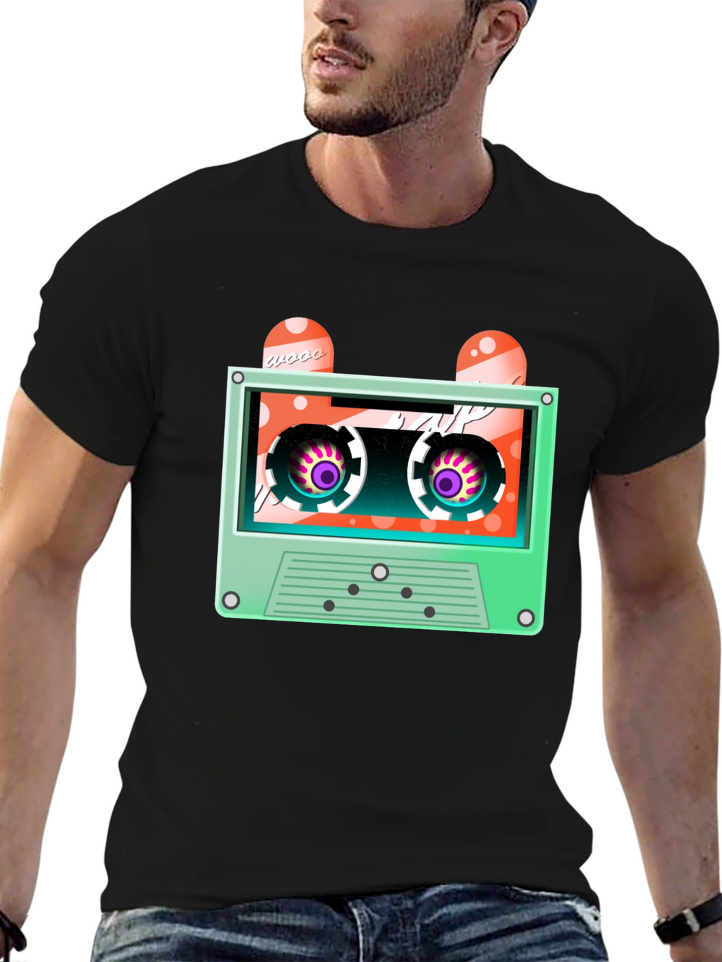 Retro Cassette Tape Graphic Tee - Black Cotton