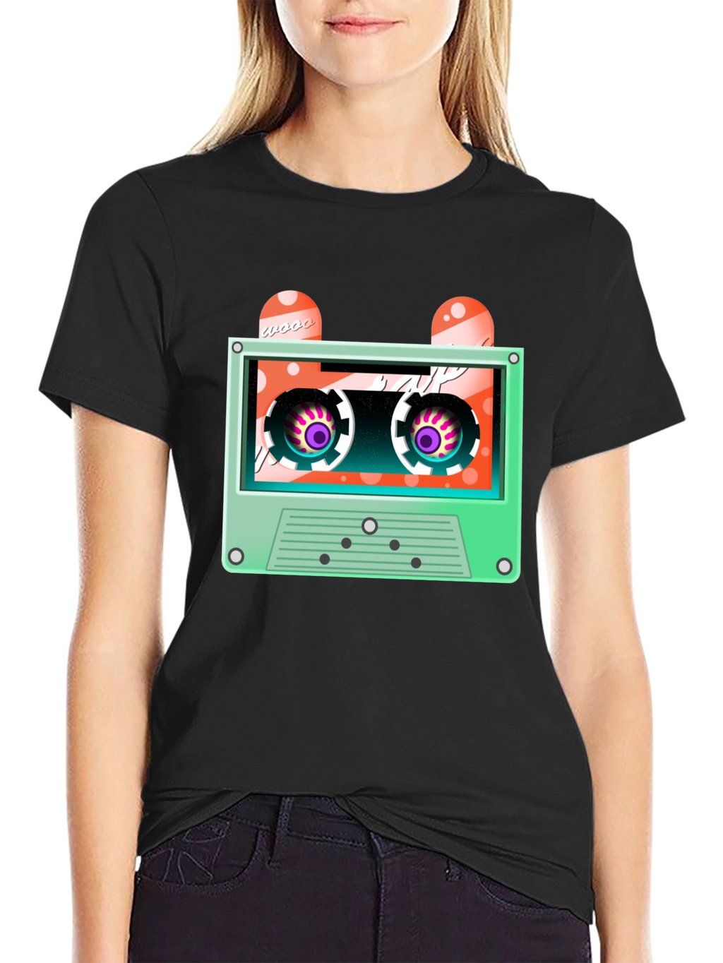 Retro Cassette Tape Graphic Tee - Black Cotton