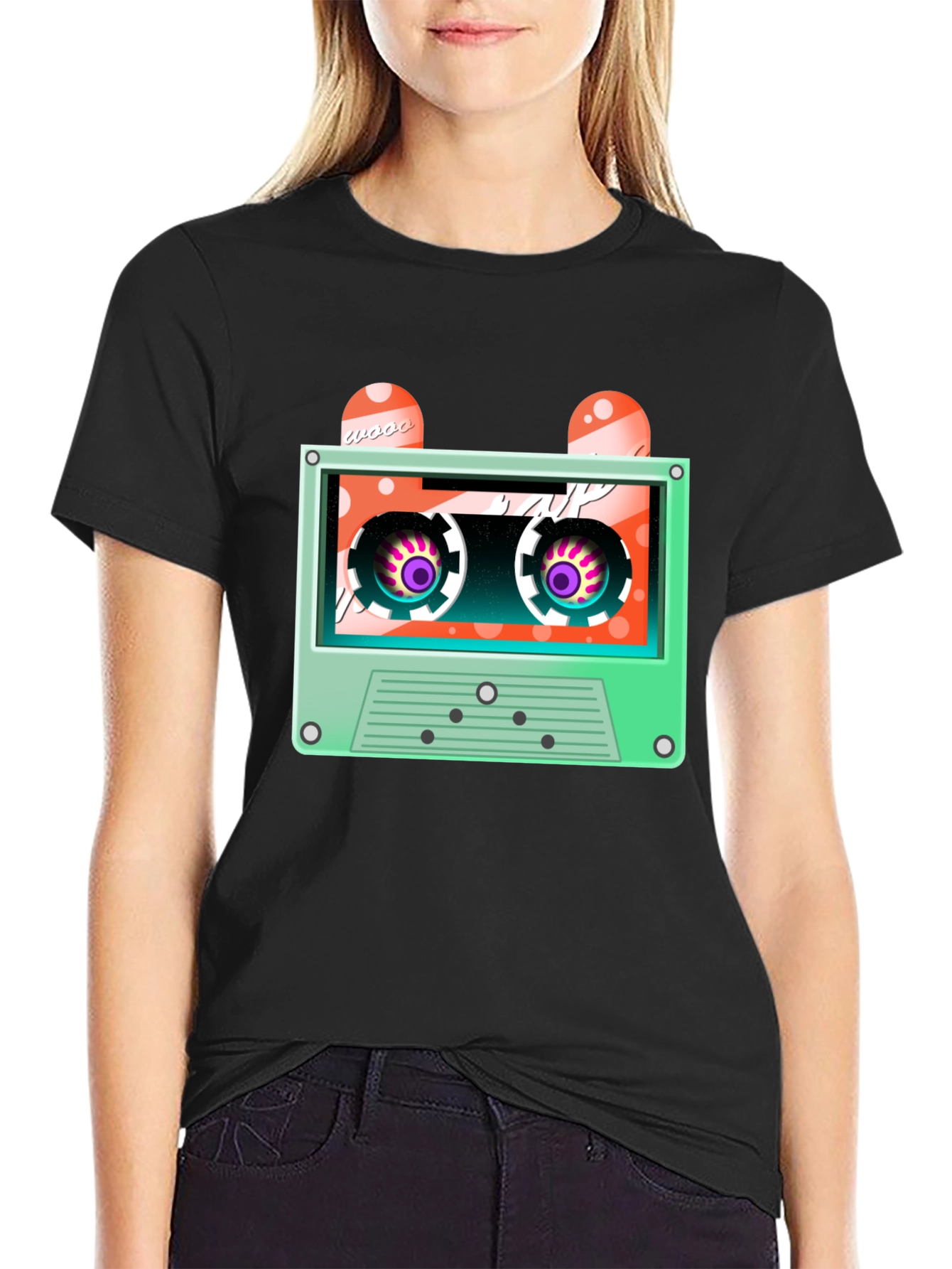 Retro Cassette Tape Graphic Tee - Black Cotton