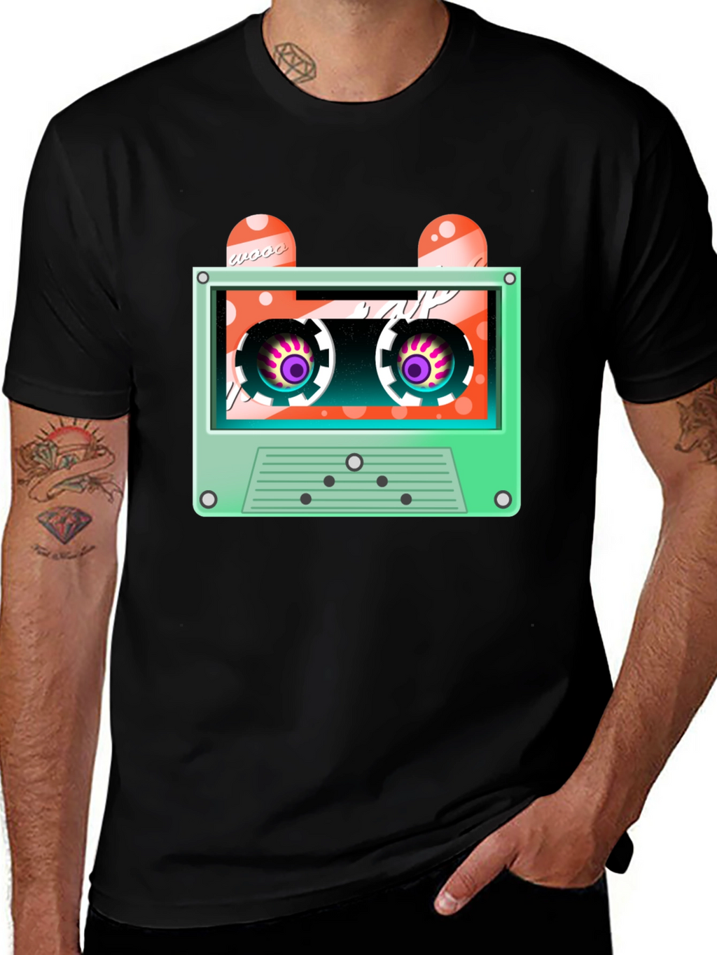 Retro Cassette Tape Graphic Tee - Black Cotton