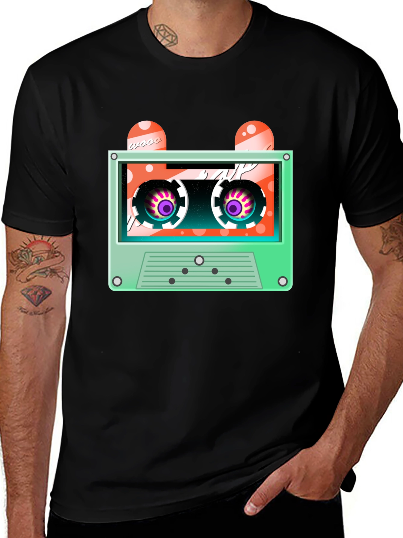 Retro Cassette Tape Graphic Tee - Black Cotton