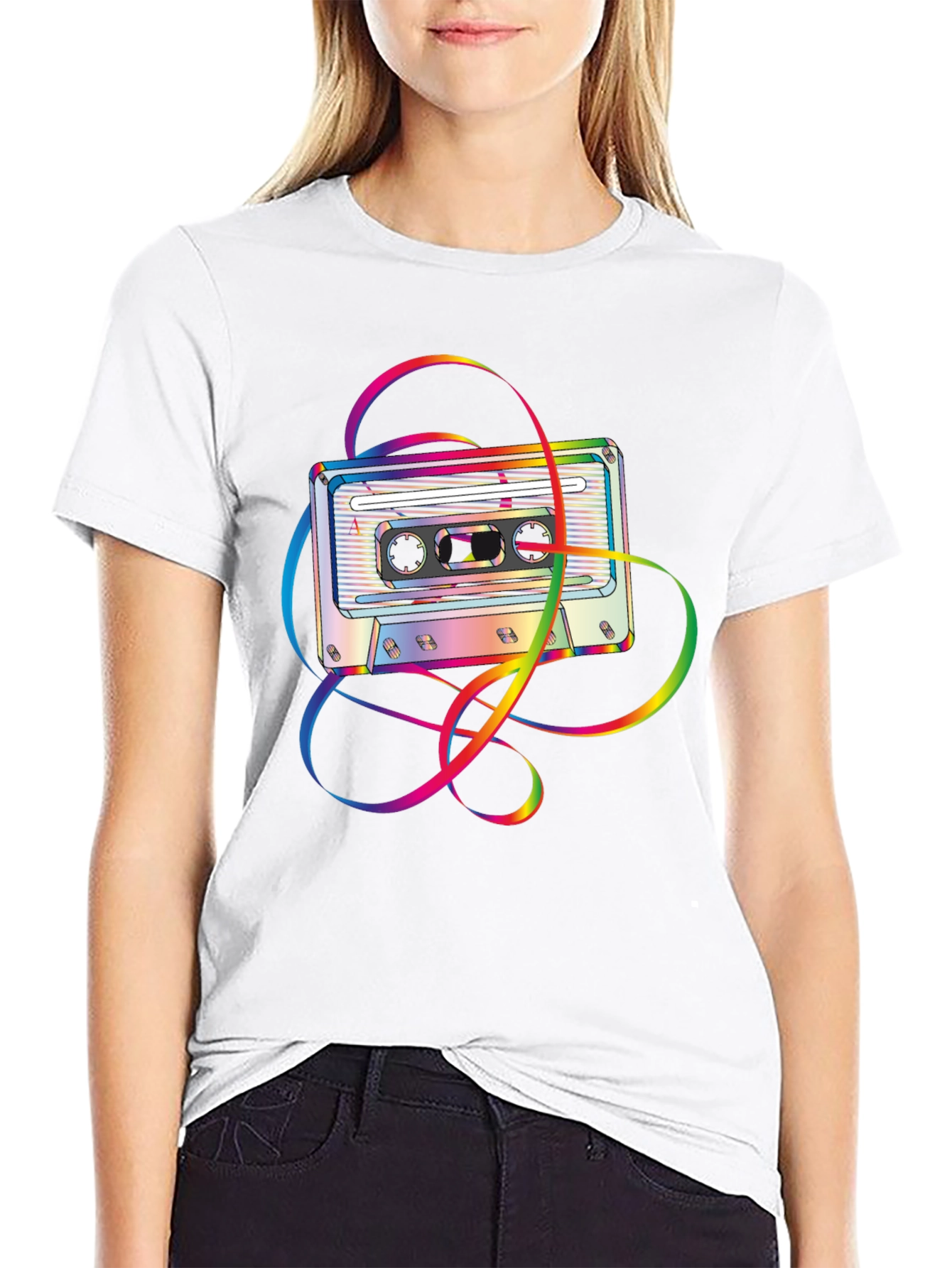 Retro Rainbow Cassette Tape Graphic Tee - Black