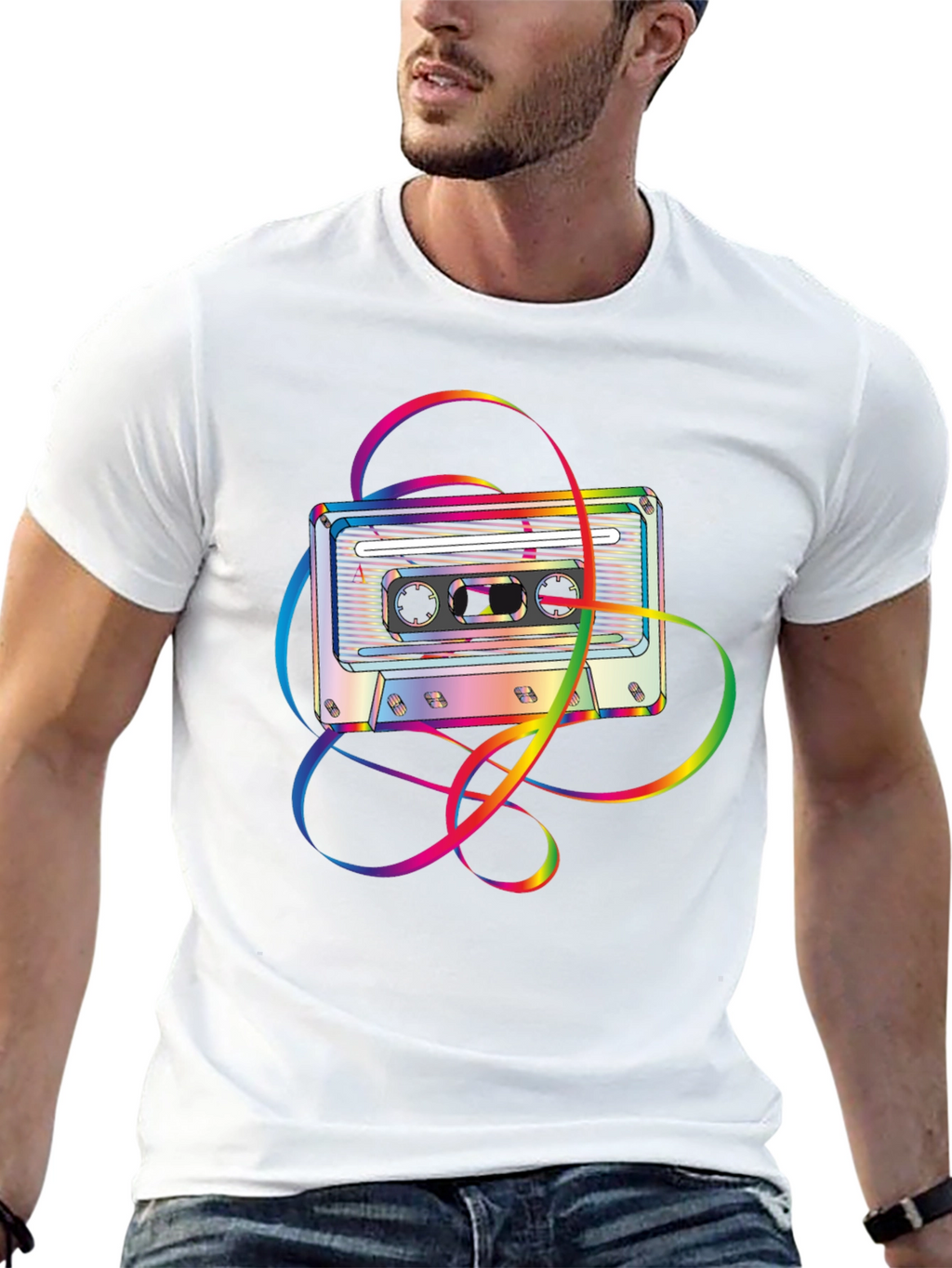 Retro Rainbow Cassette Tape Graphic Tee - Black
