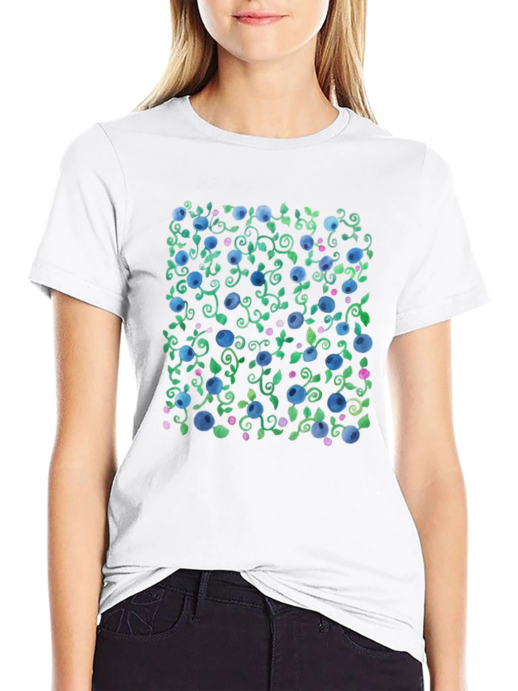 Blueberry Vine Print Crew Neck T-Shirt