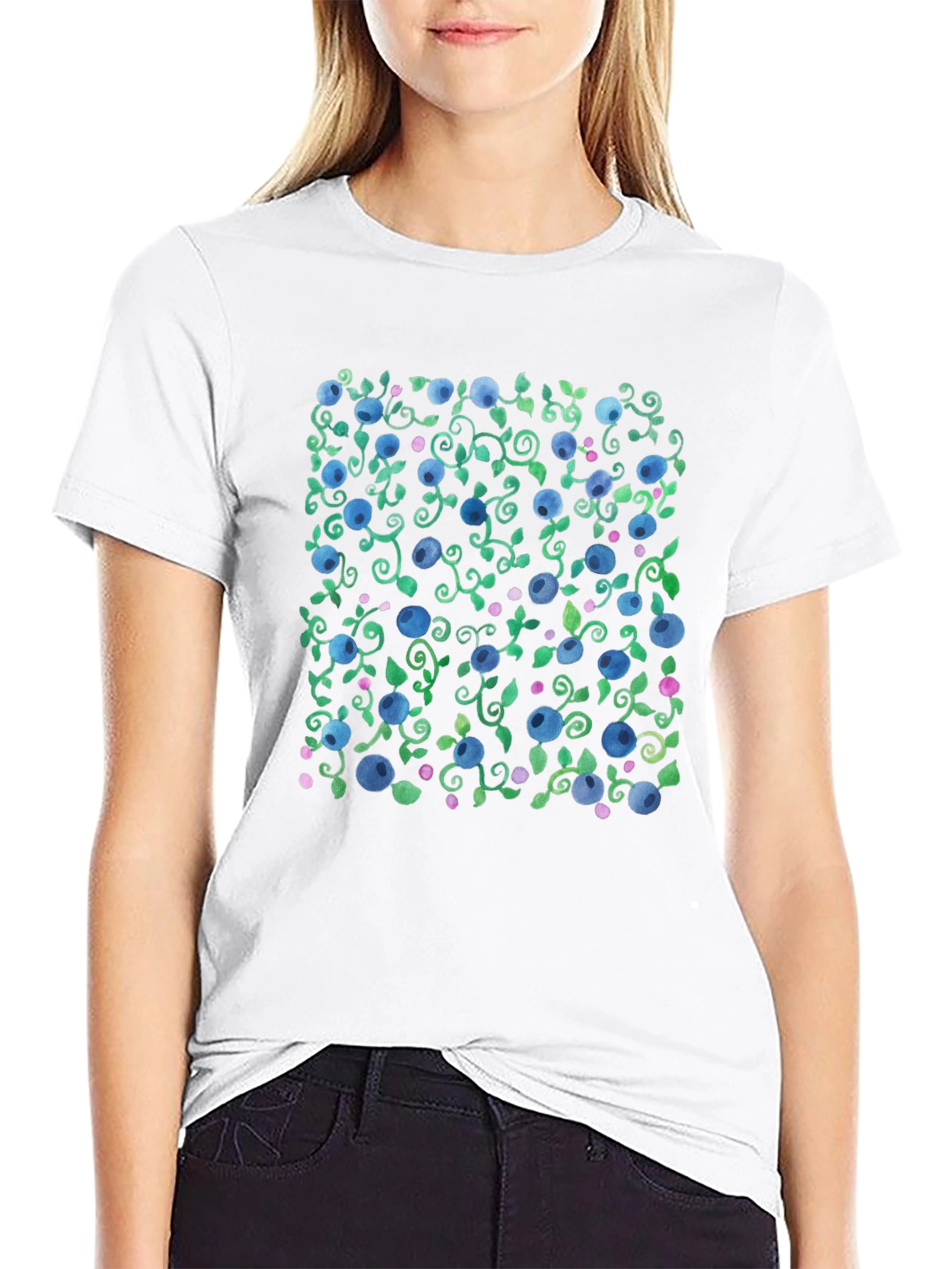 Blueberry Vine Print Crew Neck T-Shirt