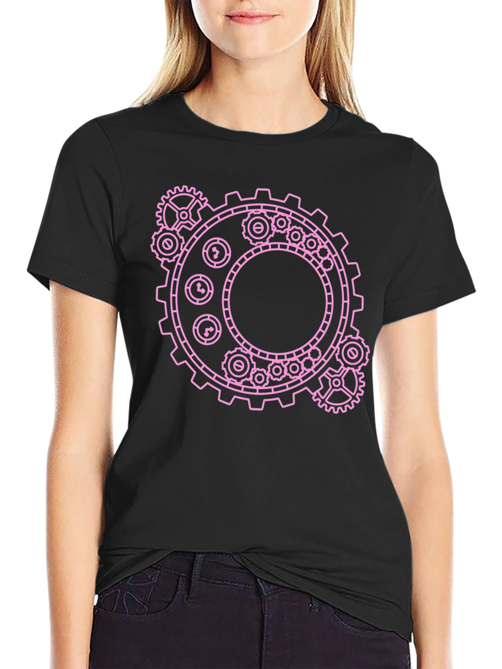 Steampunk Gear Graphic Tee - Pink on Black