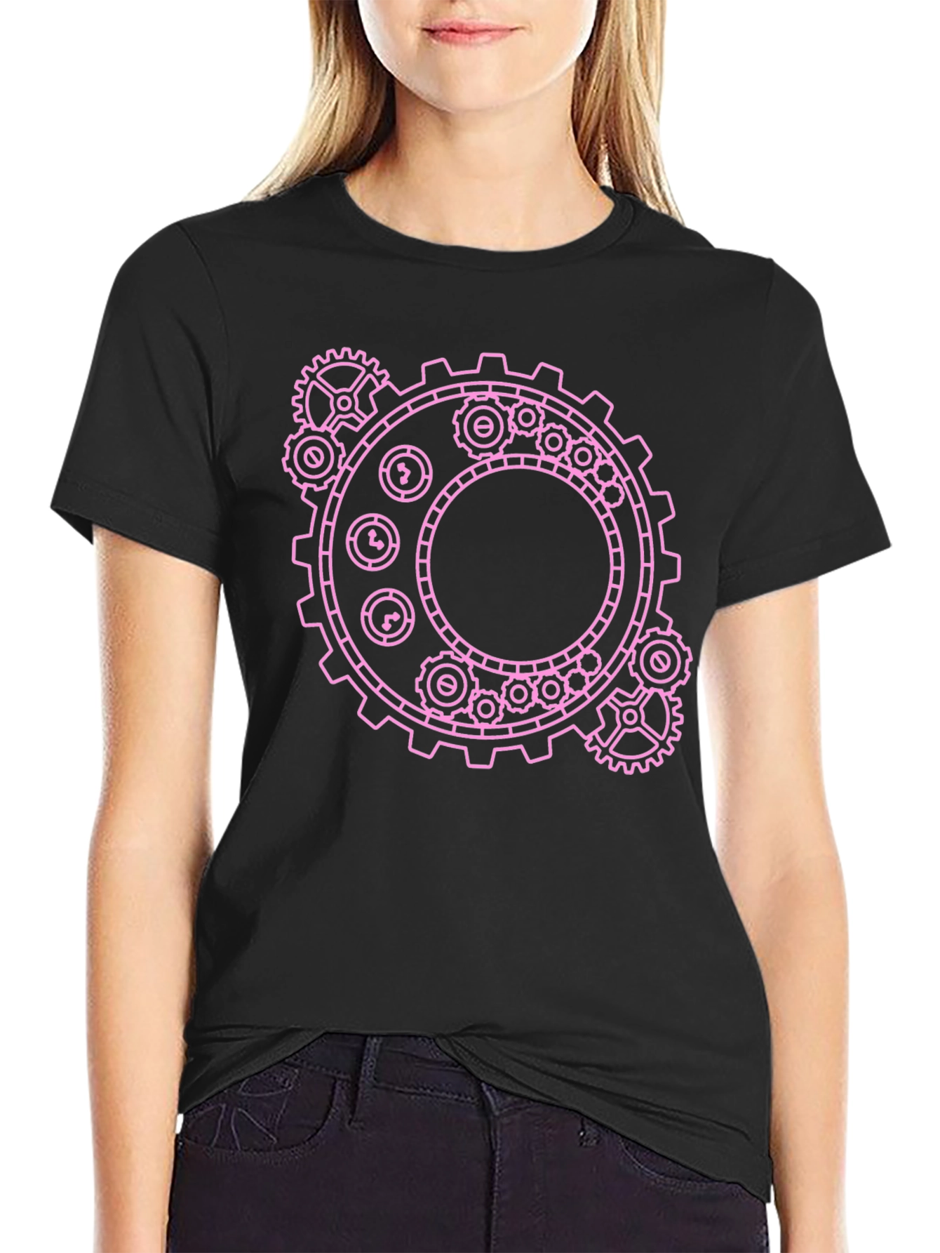 Steampunk Gear Graphic Tee - Pink on Black