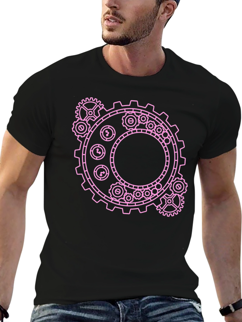 Steampunk Gear Graphic Tee - Pink on Black