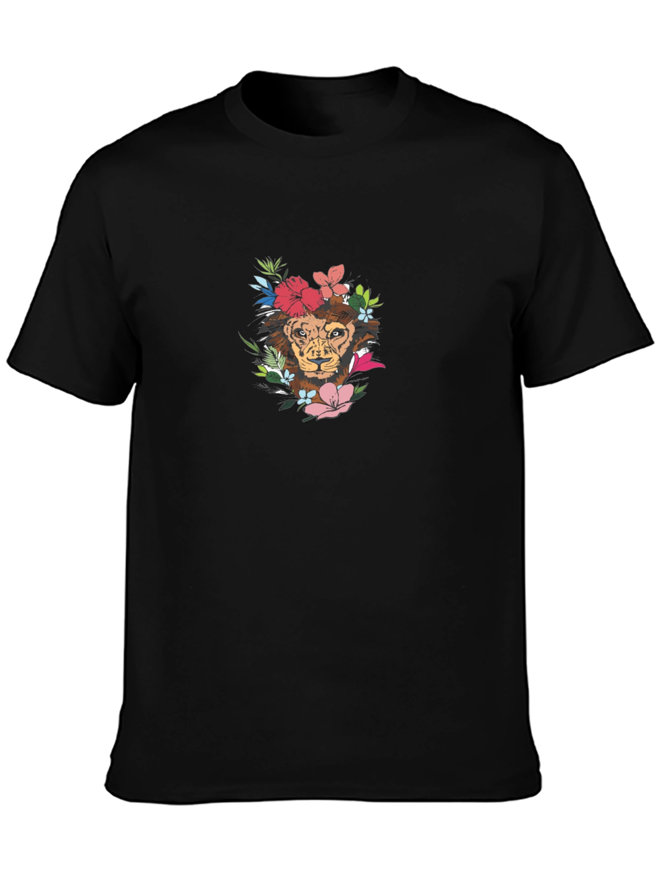 Lion Floral Graphic Tee - Black Crew Neck Cotton T-Shirt