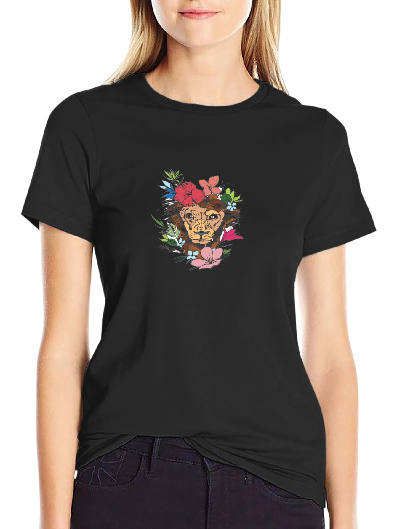 Lion Floral Graphic Tee - Black Crew Neck Cotton T-Shirt