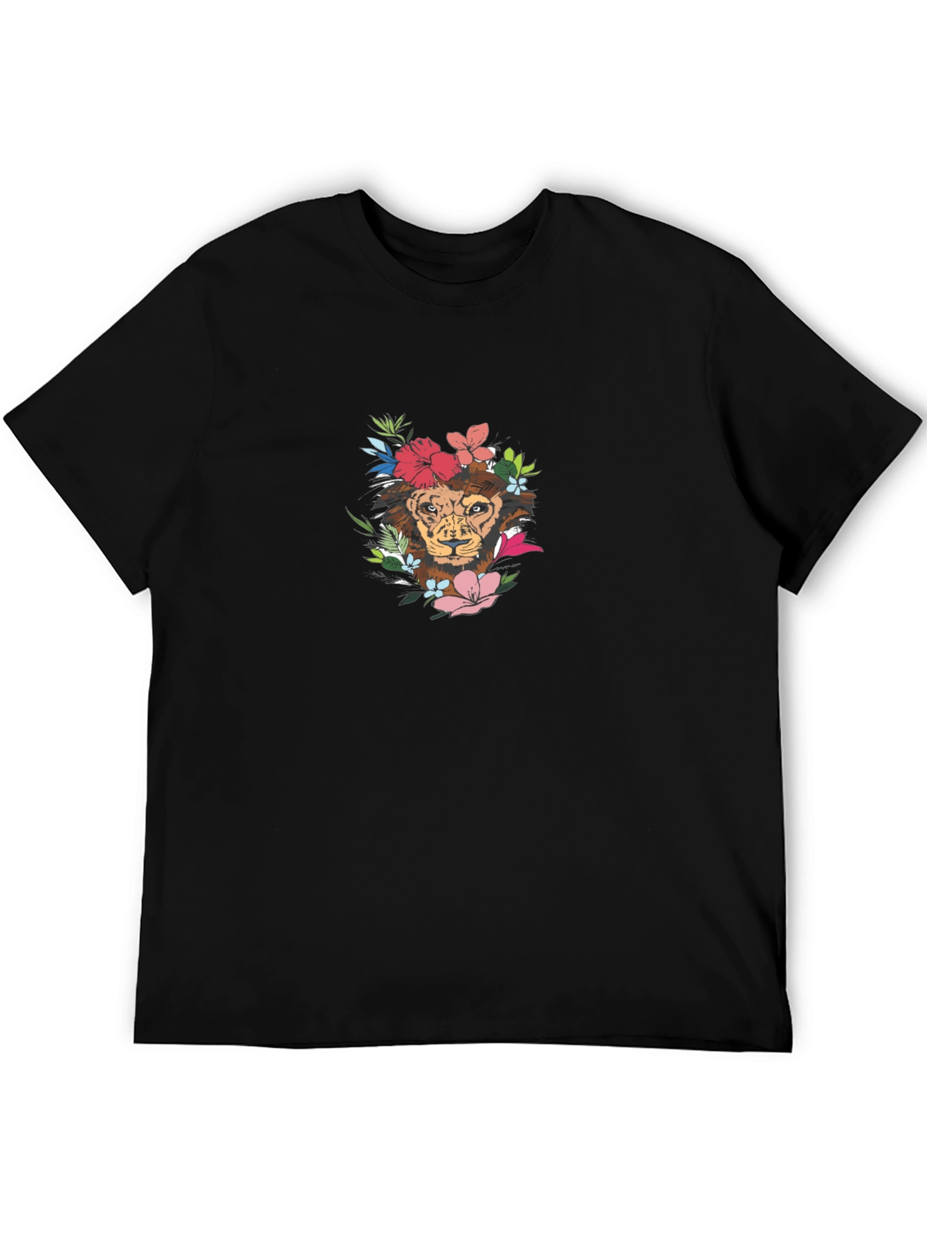 Lion Floral Graphic Tee - Black Crew Neck Cotton T-Shirt