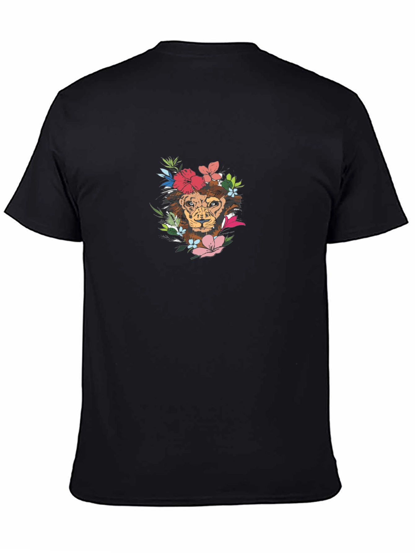 Lion Floral Graphic Tee - Black Crew Neck Cotton T-Shirt