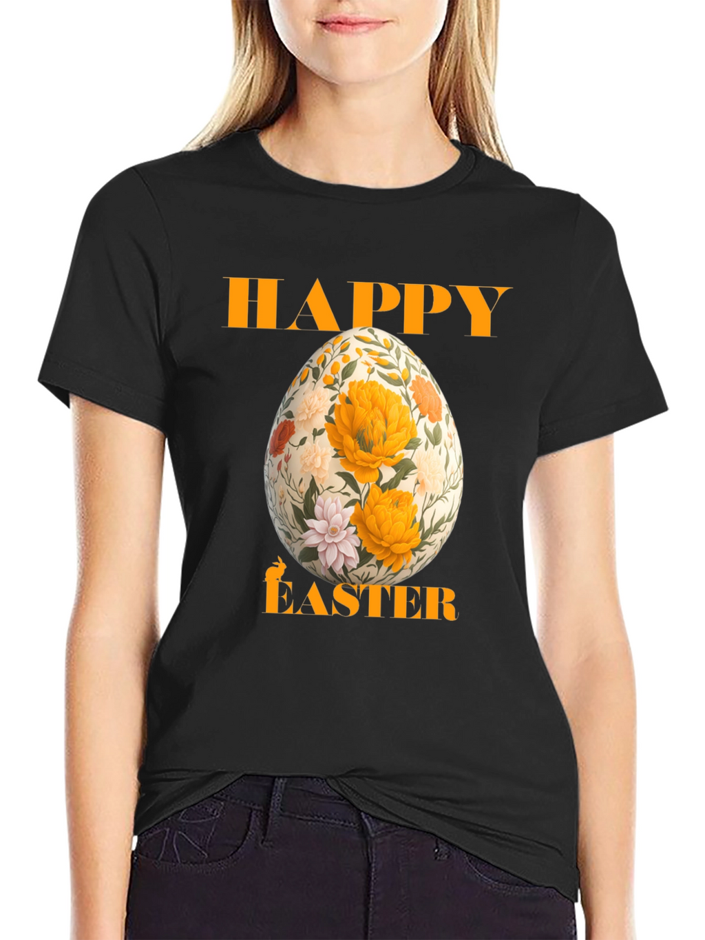 Happy Easter Floral Egg T-Shirt - Black