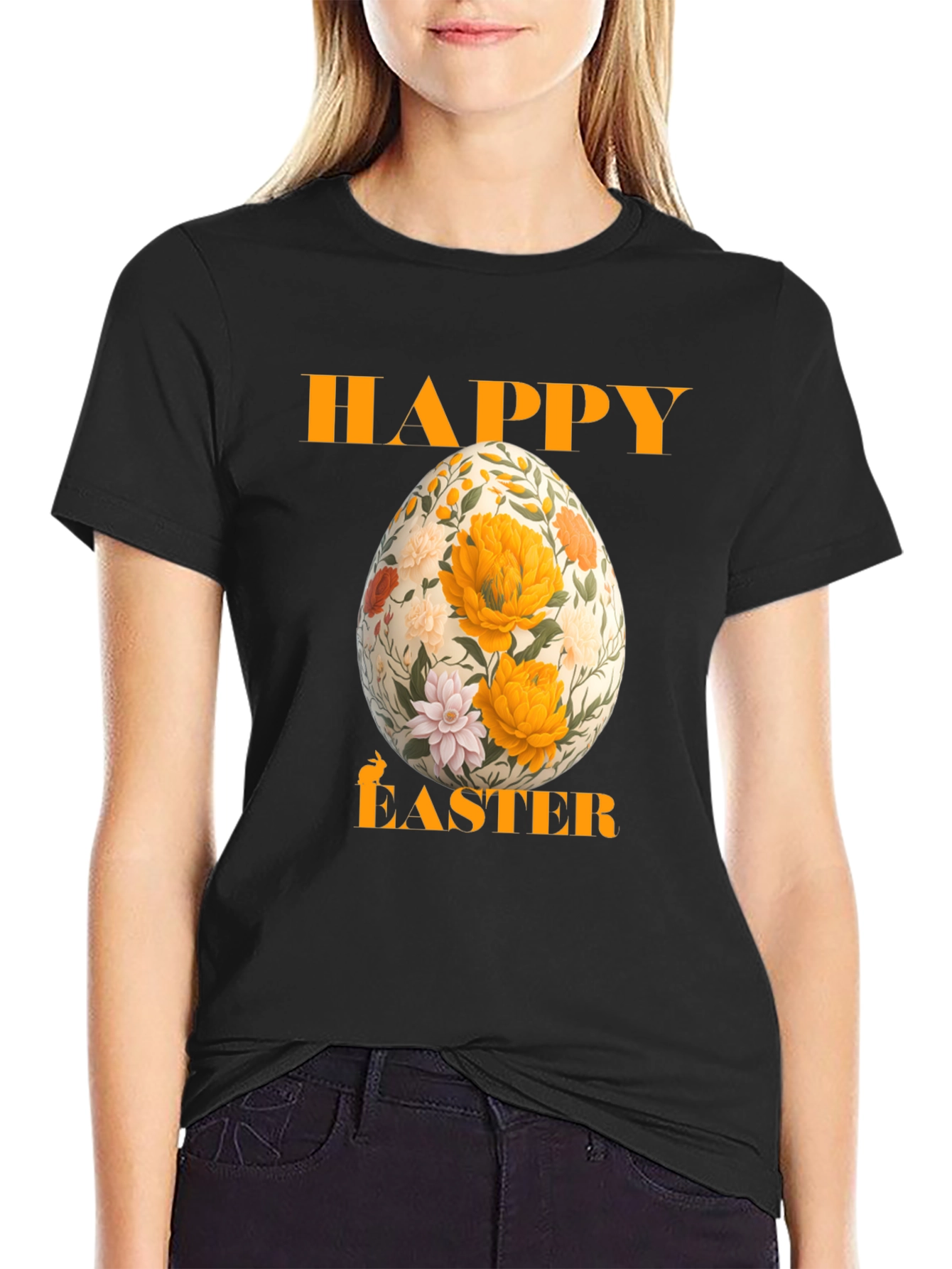 Happy Easter Floral Egg T-Shirt - Black