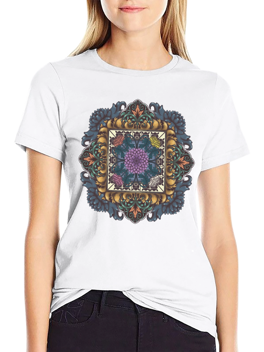 Ornate Floral Mandala Graphic Tee - Black