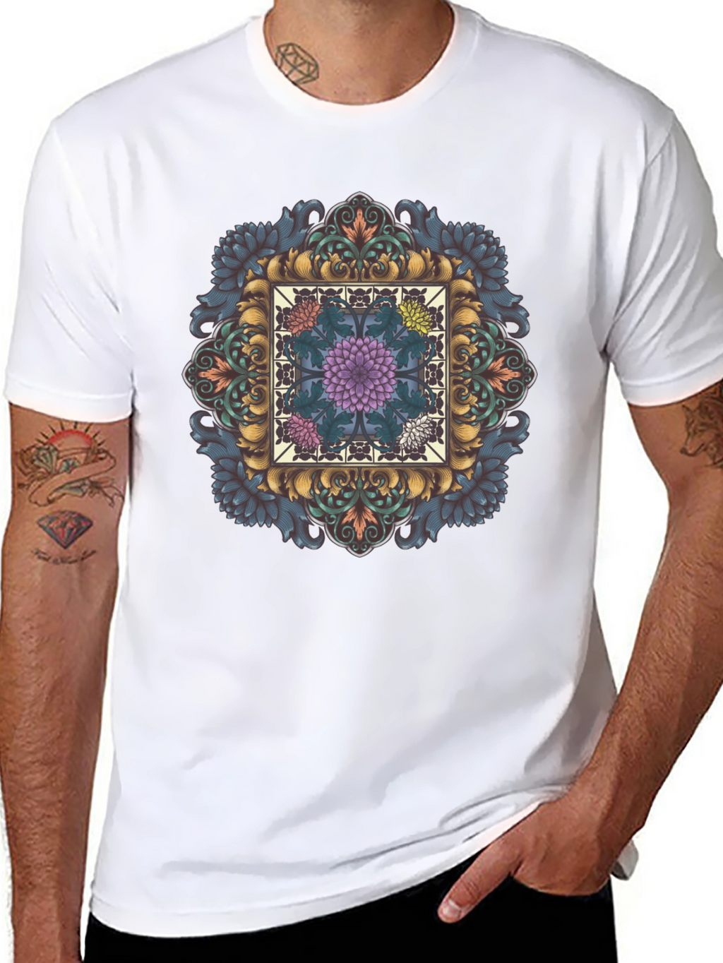 Ornate Floral Mandala Graphic Tee - Black