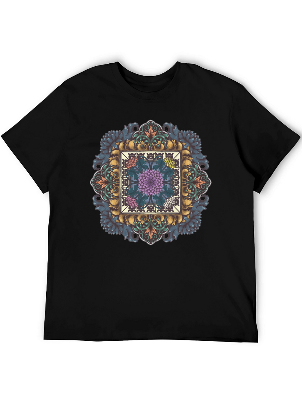 Ornate Floral Mandala Graphic Tee - Black