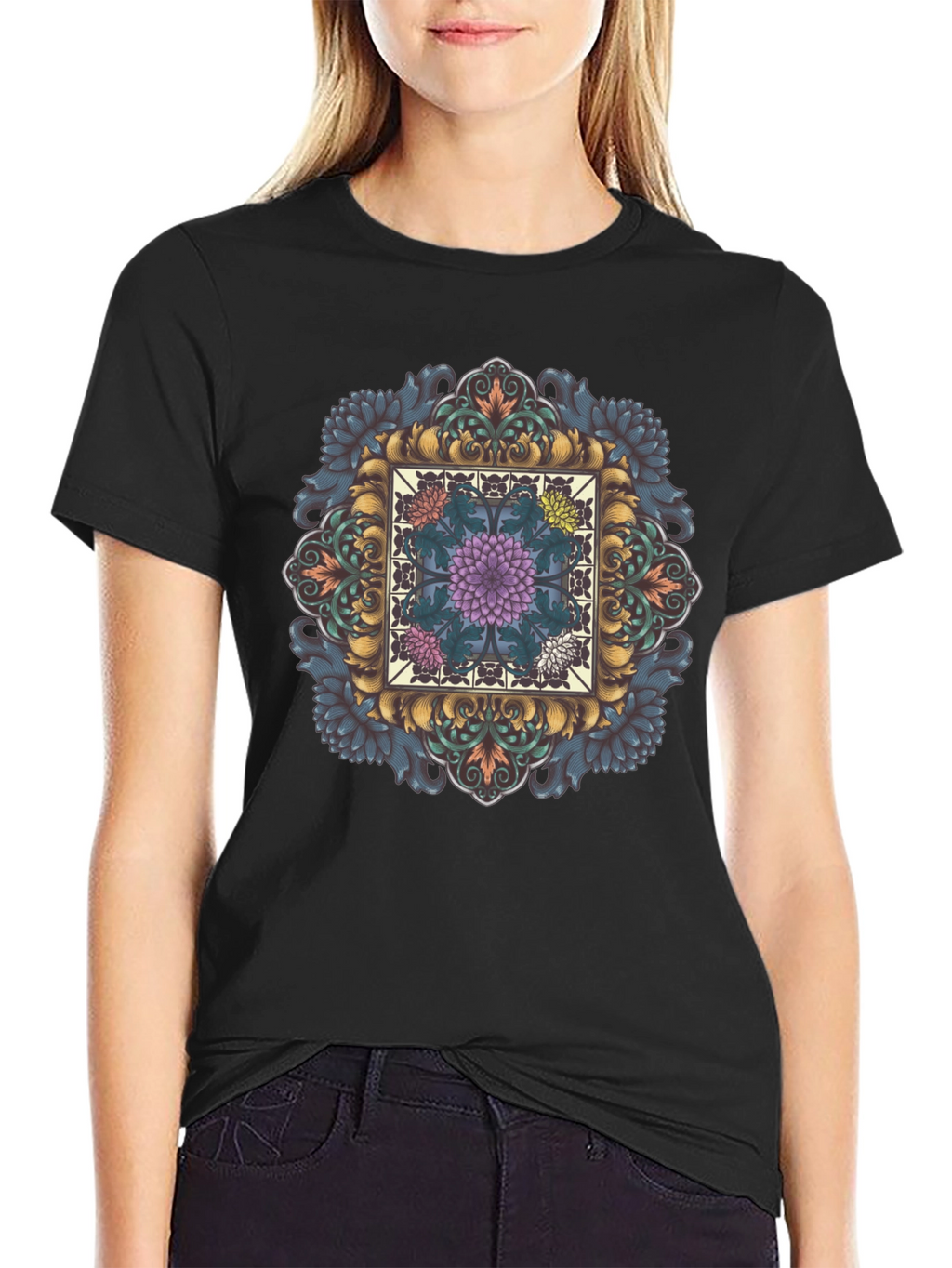 Ornate Floral Mandala Graphic Tee - Black