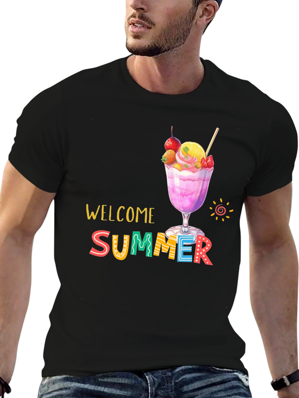 Welcome Summer Graphic Print Black T-Shirt
