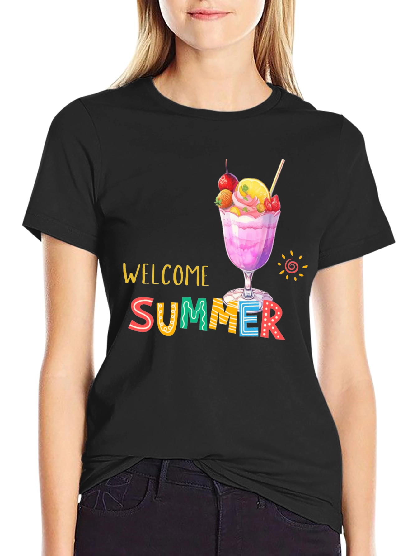 Welcome Summer Graphic Print Black T-Shirt