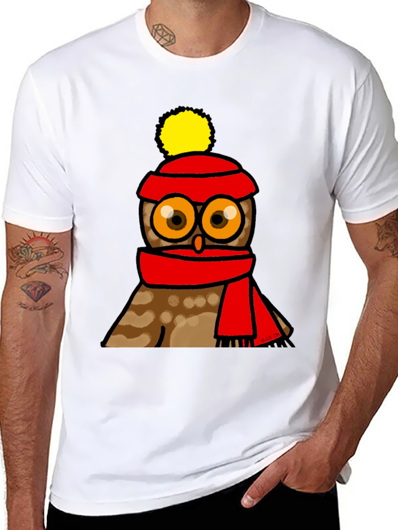 Cute Owl in Hat & Scarf Graphic T-Shirt