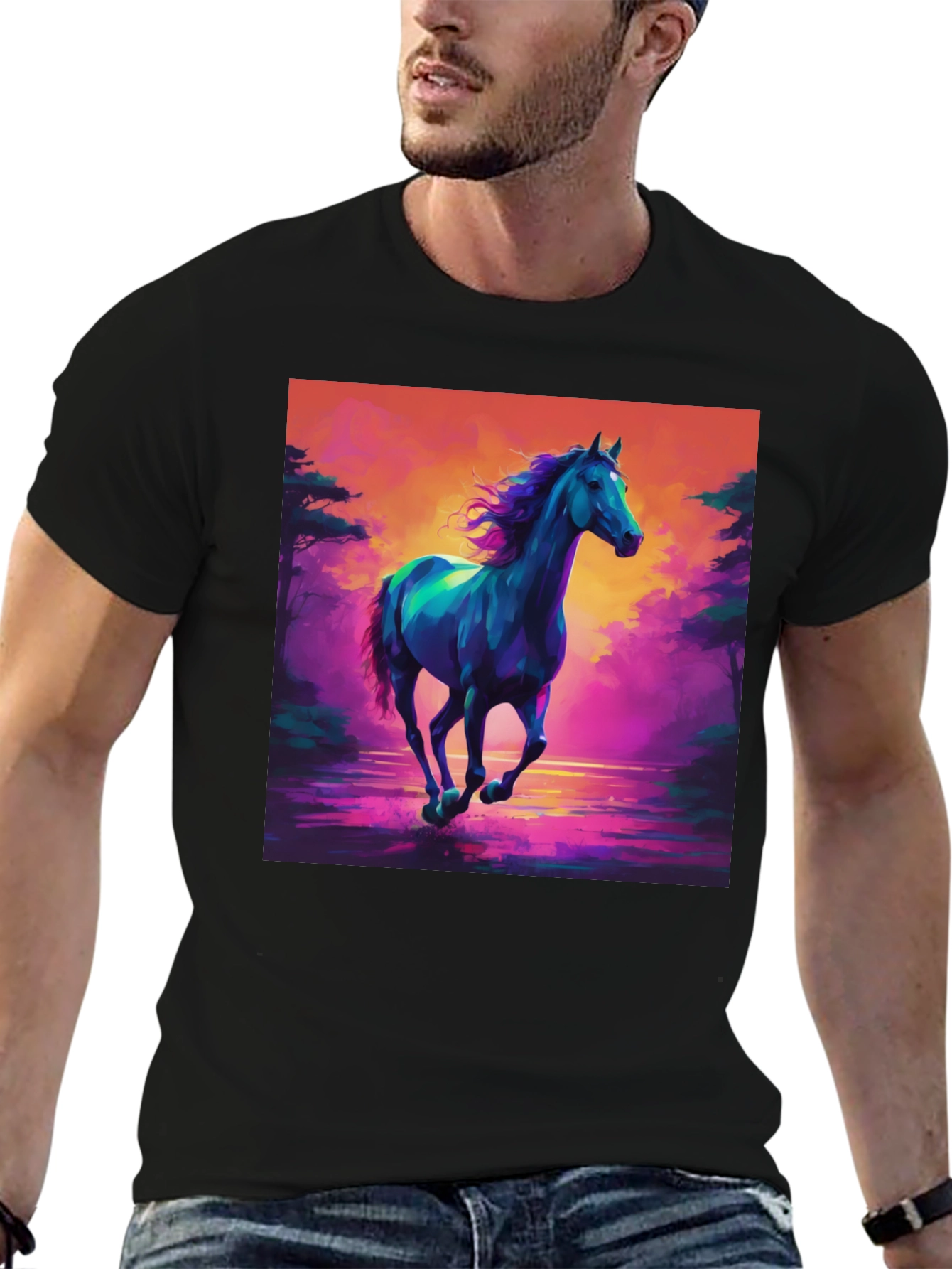 Vibrant Horse Graphic Tee - Mens Black T-Shirt
