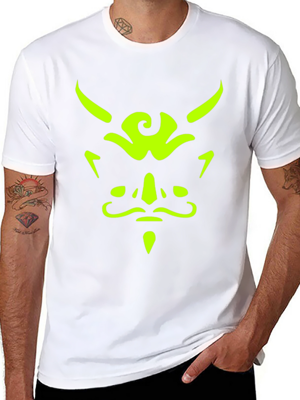 Mens Black T-Shirt with Neon Green Demon Face Graphic