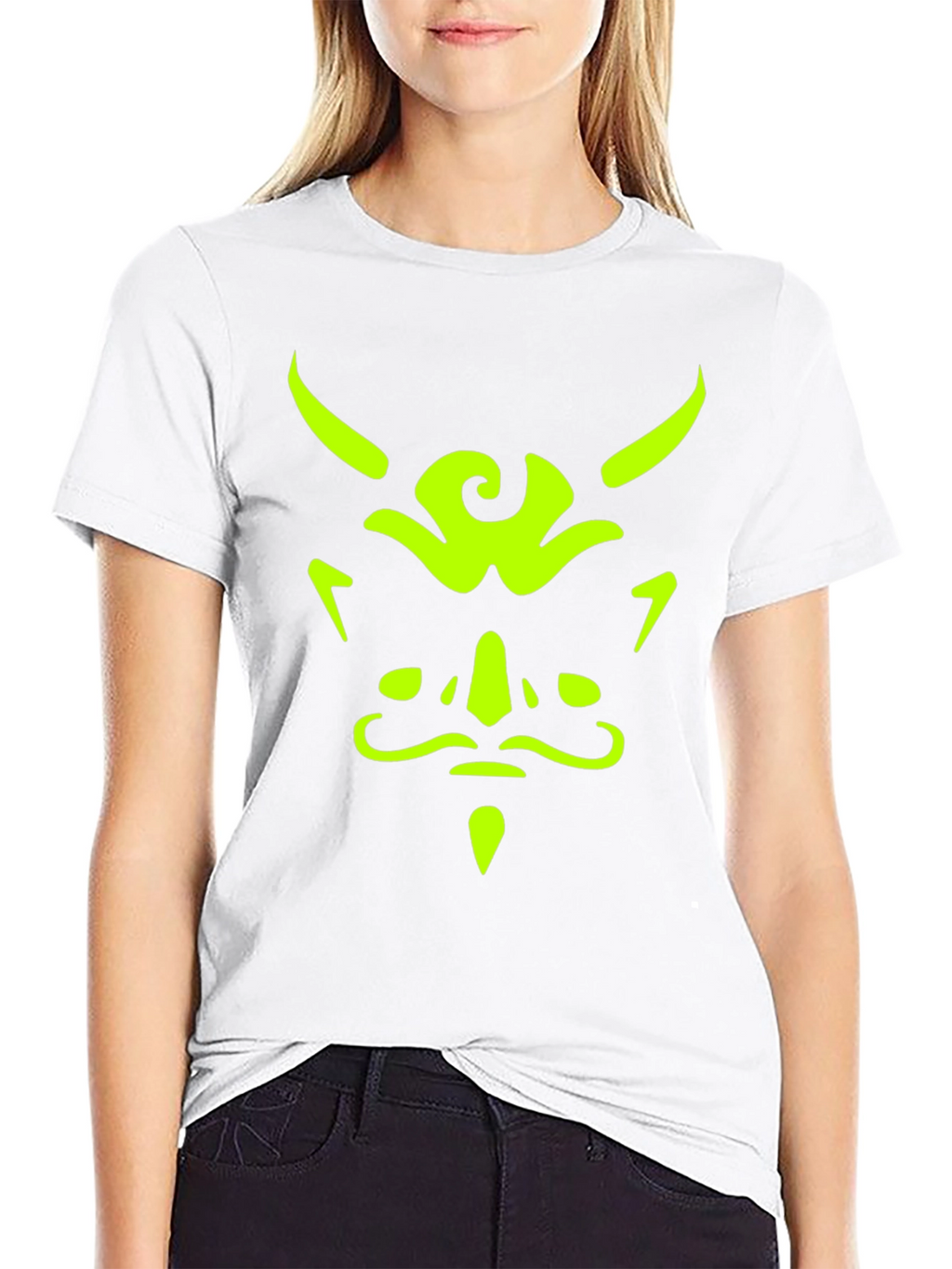 Mens Black T-Shirt with Neon Green Demon Face Graphic