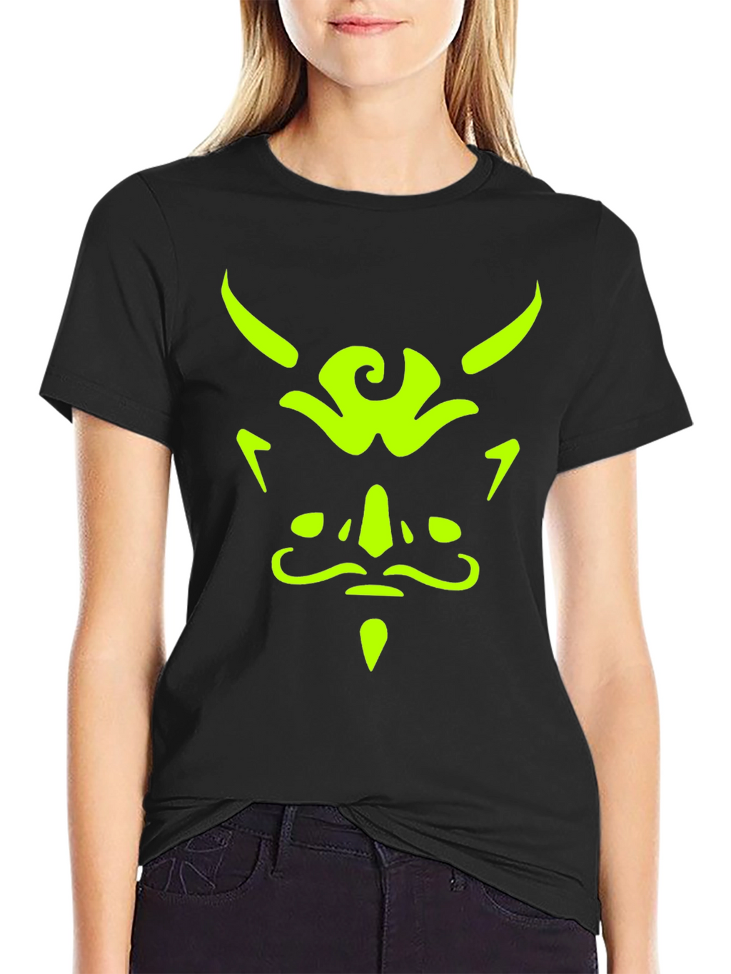 Mens Black T-Shirt with Neon Green Demon Face Graphic