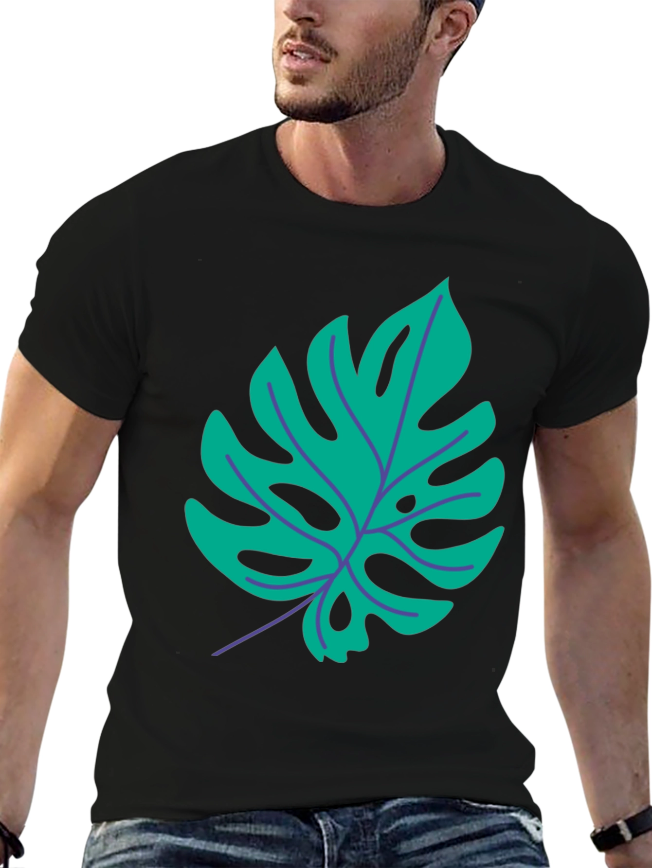 Tropical Monstera Leaf Graphic Tee - Stylish Black T-Shirt